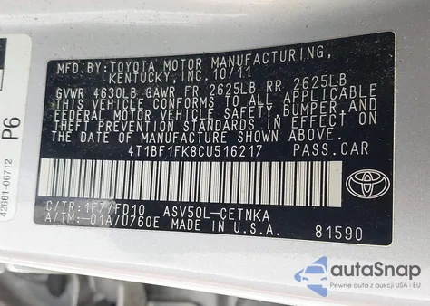 2012 Toyota Camry Le из США, поврежденный, VIN 4T1BF1FK8CU516217